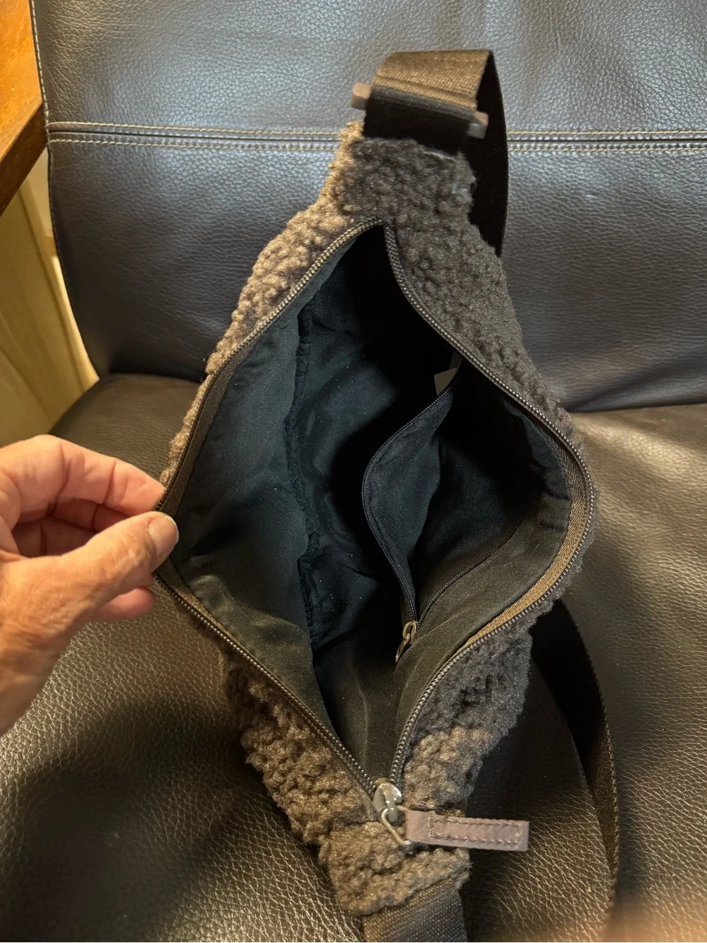 Plush Sherpa Crescent Shoulder Bag in Dark Brown